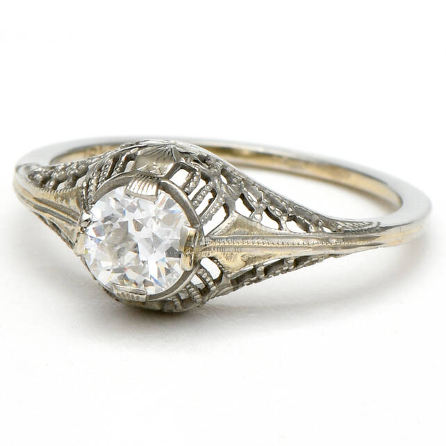 Estate Jewelry Rings 18KW Art Deco Diamond(0.46) Filigree Ring