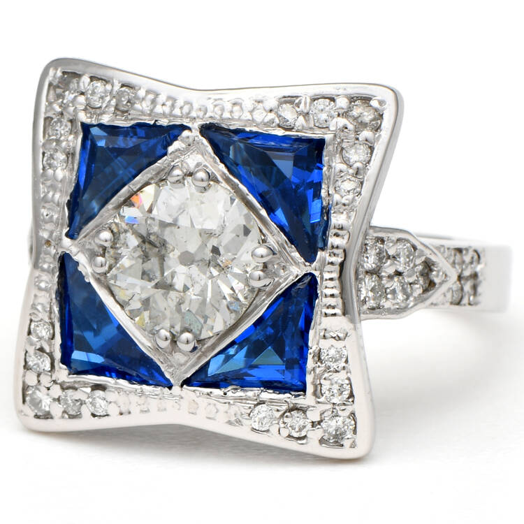 Estate Jewelry Rings 14KW Art Deco Inspired Diamond(1.26) & Blue Cubic Zirconia Ring