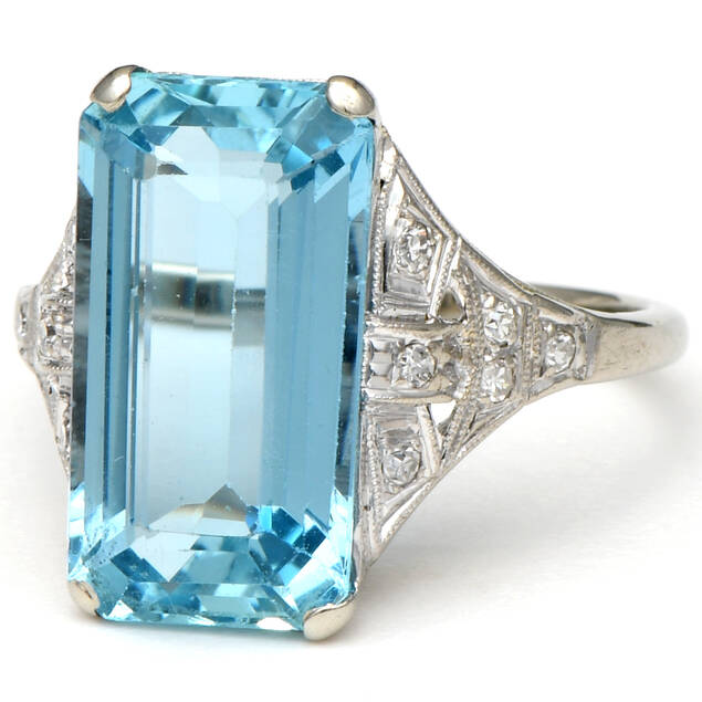 Estate Jewelry Rings 14KW Art Deco Aquamarine(5.87) & Diamond(0.06) Ring