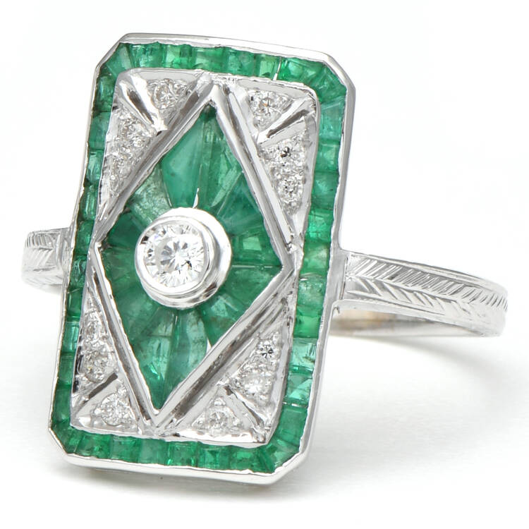 Estate Jewelry Rings 18KW Art Deco Emerald(1.38) & Diamond(0.18) Shield Ring