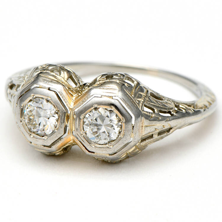Estate Jewelry Rings 14KW Art Deco Double Diamond(0.42) Ring